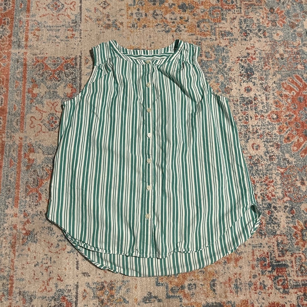 Loft green striped sleeveless button-down cotton top